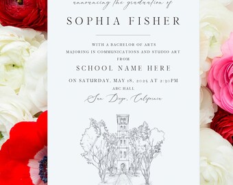 Op de afbeelding: Een afstudeerbericht voor Sophia Fisher, met een bachelor of arts in communicatie en studio art van School Name Here. De ceremonie vindt plaats op zaterdag 18 mei 2025 om 14:30 uur in de ABC Hall, San Diego, Californië. De aankondiging bevat een zwart-witte illustratie van een gebouw met een toren.