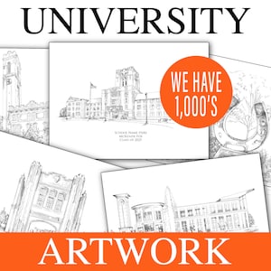 May include: Black and white line drawings of various university buildings. The text "WE HAVE 1,000'S ARTWORK" is in orange at the bottom of the image.