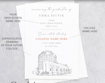 Op de afbeelding: Een afstudeerkaart met een zwart-witte illustratie van een gebouw. De kaart kondigt de afstudering van Emma Selvik aan van de Anaaca High School in juni 2025. De kaart vermeldt ook dat Emma in de herfst naar [College Name Here] zal gaan.
