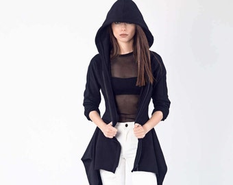 Black Hooded Asymmetrical Sweatshirt