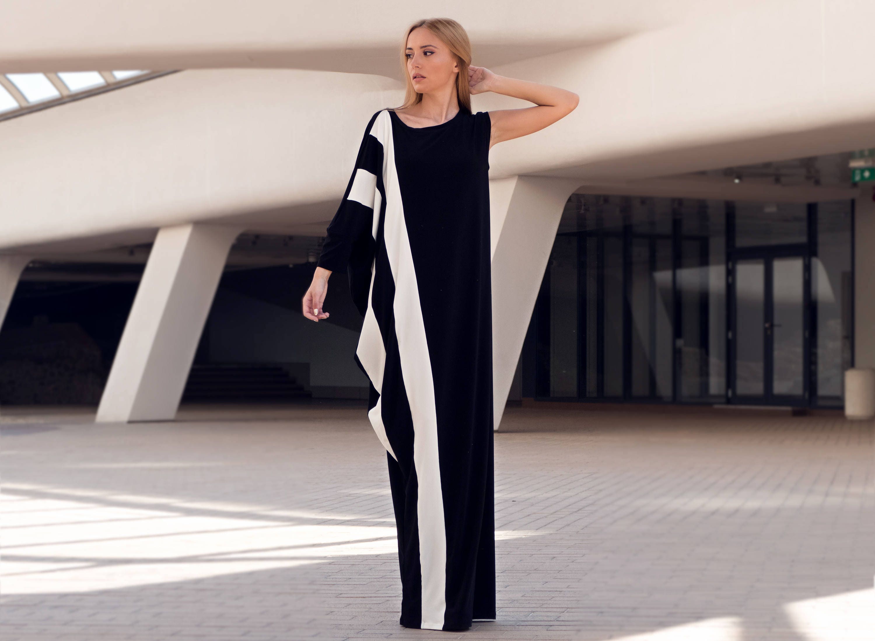 Black White Asymmetrical Kaftan Maxi Dress - Etsy