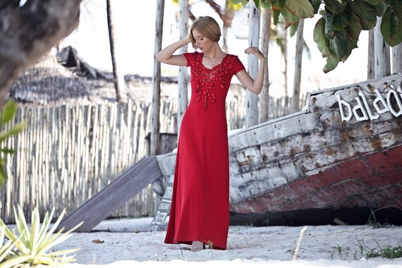 Embroidery Red Maxi Dress Wedding Guest Dress Etsy