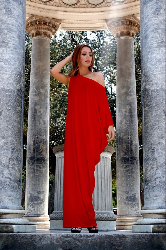 red cold shoulder maxi dress