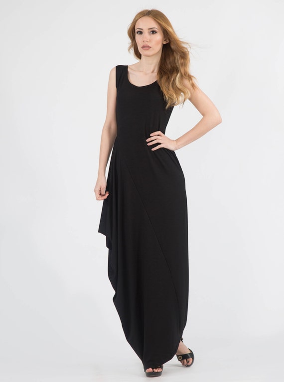Black Asymmetrical Sleeveless Maxi Dress | Etsy