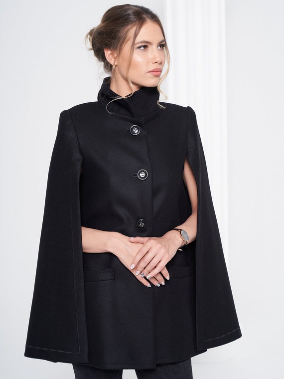 Black Wool Spring Autumn Cape Blazers 