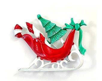Christmas Sleigh Brooch/Pin with Candy Cane & Evergreen Tree