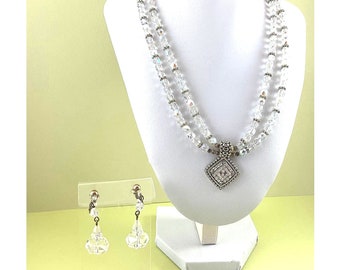 Midcentury Cocktail Party AB Crystal Bead Necklace/Pendant & Clip-on Earrings
