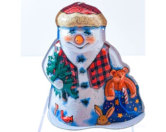 Hallmark Tin Snowman Ornament - 2000 - Wears Santa Hat, Has Bag of Toys