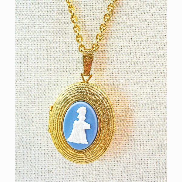 Avon Blue Cameo Locket Pendant with Long Chain - 1966 President's Campaign Honor Award