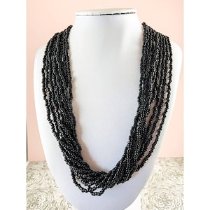 Dramatic 10-Strand Trifari Black Bead Necklace - 1970s Vintage