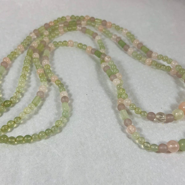 Pastel Pink and Green Two-Strand Glass Bead Necklace