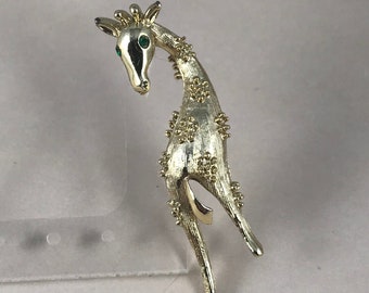 Baby Giraffe Pin/ Brooch - Textured Gold-Tone with Green Rhinestone Eyes