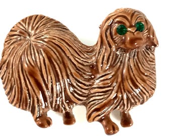 Gerry's Enamel Pekingese Dog Pin / Brooch with Emerald Rhinestone Eyes - Signed