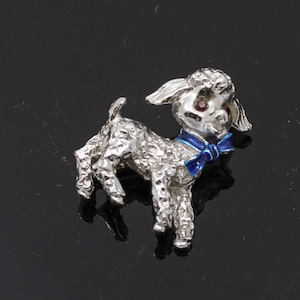 Sweet Little Silver-Tone Lamb Pin with Red Rhinestone Eyes and a Blue Ribbon