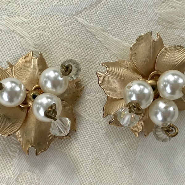 Weiss Clip Flower Earrings with Faux Pearls and Dangly Crystals -Signed