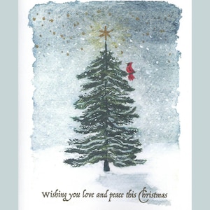 May include: A greeting card featuring a watercolor illustration of a green pine tree topped with a gold star, a red cardinal perched on a branch, and falling snow against a blue sky. The text reads, Wishing you love and peace this Christmas.