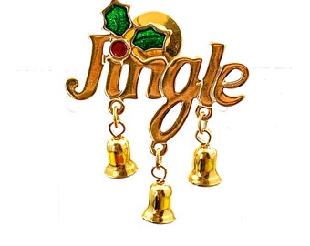 Avon Jingle Bells Tac Pin - Shiny Gold Tone with 2 Dangling Bell, Enamel Holly