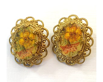 Mid-Century Sugared Clip-on Earrings - Signed W Germany - Muted Floral Design