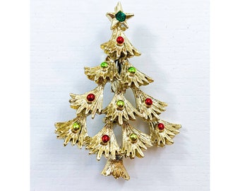 Gerry's Christmas Tree Brooch/Pin - Enameled Ornaments, Green Crystal in Star