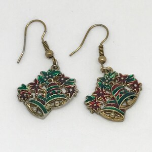 Vintage Enamel Christmas Bell Dangle Earrings with Tiny Poinsettias