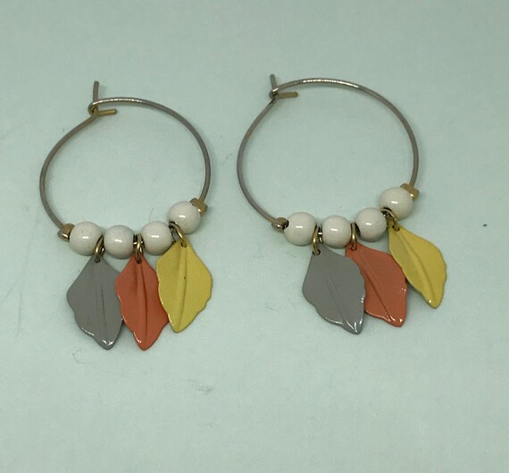 Pretty Wire Ring Earrings with Enameled Leaves an… - image 1