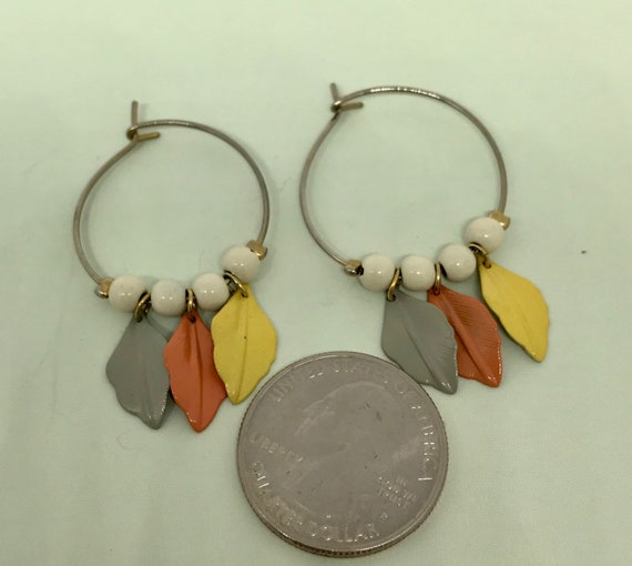 Pretty Wire Ring Earrings with Enameled Leaves an… - image 2