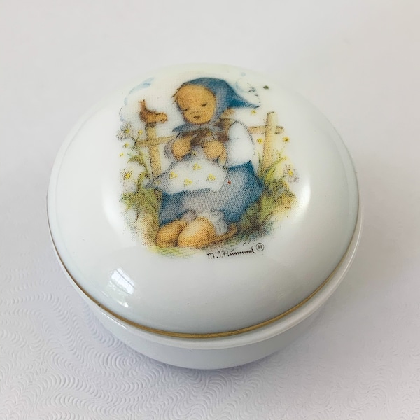 MJ Hummel Porcelain Trinket / Ring Box - Signed - 1993 - Little Girl by Fence with Song Bird
