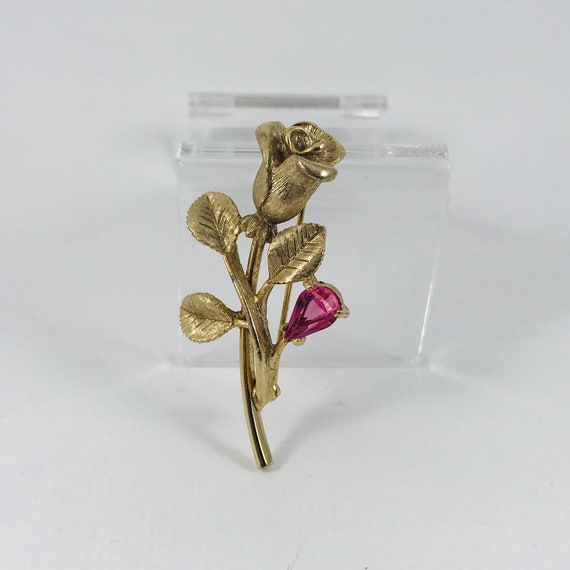 Broche Vintage Signée Avon - Fleur Feuille En Métal Doré Texturé Avec Cristal Rose
