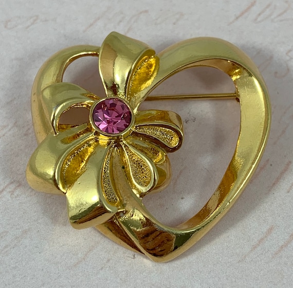 Avon Birthstone Heart Pin/brooch With Bow and Crystal October Rose Zircon,  1992 