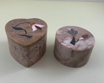 Store Those Tiny Items with Style: Two Soapstone Trinket Boxes - 1 Round, 1 Heart-Shaped - Mother-of-Pearl Inlay Design - Made in India