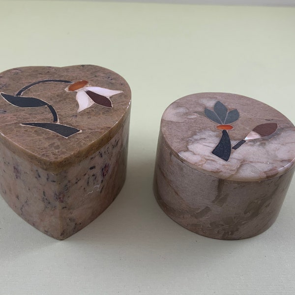 Store Those Tiny Items with Style: Two Soapstone Trinket Boxes - 1 Round, 1 Heart-Shaped - Mother-of-Pearl Inlay Design - Made in India