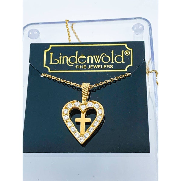 Lindenwold Fine Jewelers Heart/Cross Rhinestone Pendant/Necklace - New Old Stock