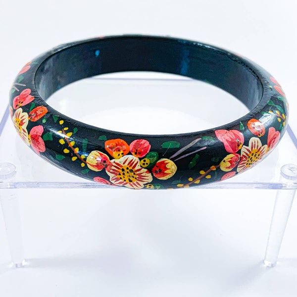 Folk Art Style Black Lacquer Painted Wooden Bangle Bracelet - Floral Motif