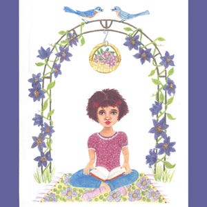 Reading Girl Art Print Note Card: Whimsical Bluebird Design - A2 Size Blank Inside