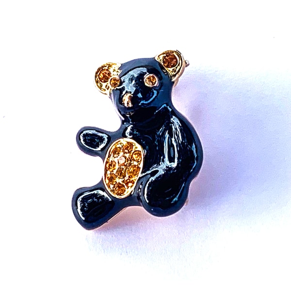 Small Vintage Black Enamel Teddy Bear Pin with Amber Rhinestones - Signed ROMAN