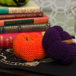 May include: Two crocheted pumpkins, one orange and one purple, with cinnamon sticks for stems. The pumpkins are sitting on a black surface with a skull and crossbones design.