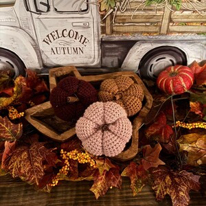 May include: Three crocheted pumpkins in a wooden bowl with fall leaves and berries. The pumpkins are pink, brown, and orange. The bowl is shaped like a star. The text "Welcome Autumn" is on a white truck in the background.