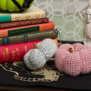 May include: Two crocheted pumpkins, one gray and one pink, with cinnamon sticks on top. The pumpkins are sitting on a black surface with a skull design. A stack of books and a white skeleton are in the background.
