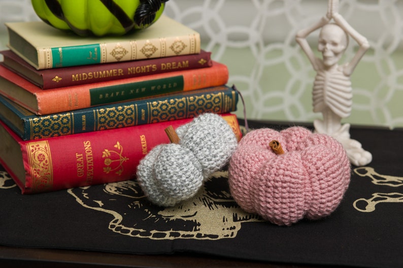 May include: Two crocheted pumpkins, one gray and one pink, with cinnamon sticks on top. The pumpkins are sitting on a black surface with a skull design. A stack of books and a white skeleton are in the background.