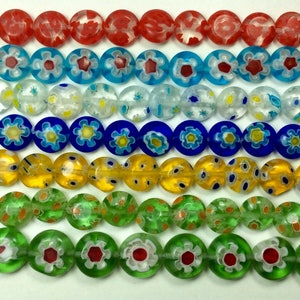 Millefiori (Thousand Flowers) Beads. 6mm, 8mm OR 10mm Coins, 15&quot; strand, 1mm hole, beading, jewelry  making, Sold per strand.