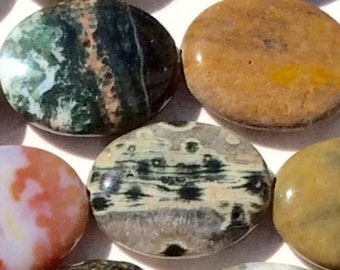 Ocean Jasper, Smooth Oval bead, 20x15x5mm , 1mm hole, Sold per Lot (4 Beads).