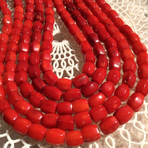 Red Coral Beads, Faceted Barrel Bead, Faceted Drum Bead, (5-8)X(8-10)mm, 15" strand, 1mm hole, Sold per strand or per lot (10 pcs).