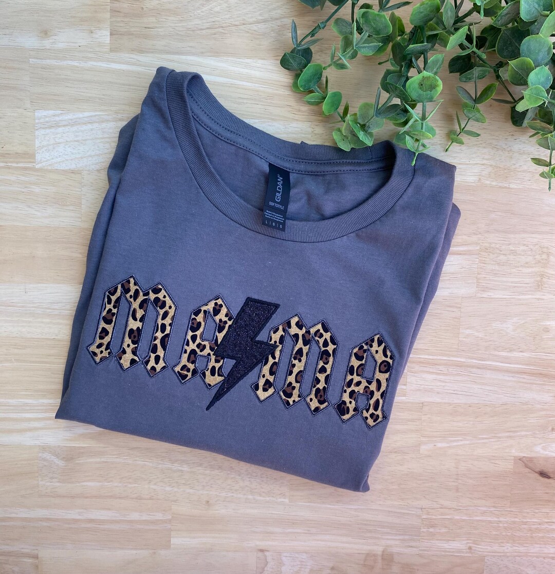 AC/DC Leopard Embroidered Mama T-shirt, Mother's Day Gift, Embroidered ...