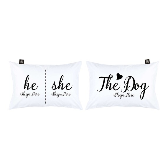 He She Sleeps Here The Dog Sleeps Here Pillow Cases Couples Etsy