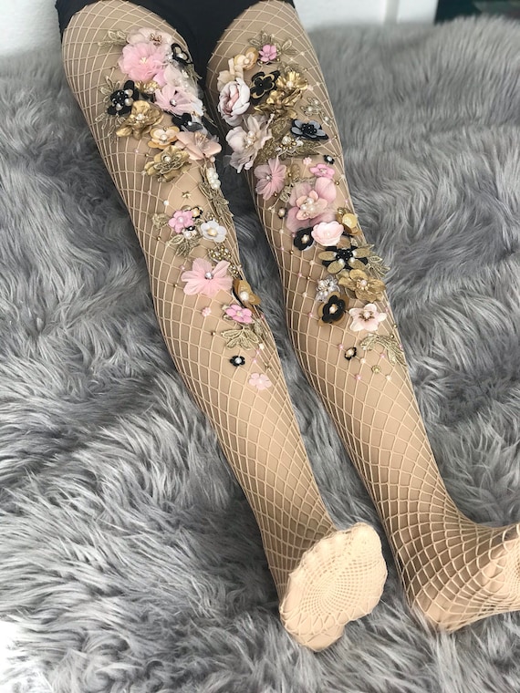 MIDNIGHT BALLERINA Tights Stockings Fishnets Fishnet Embellished  Embroidered Rhinestone Flowers Floral Rhinestones Sequins Wedding -   Sweden