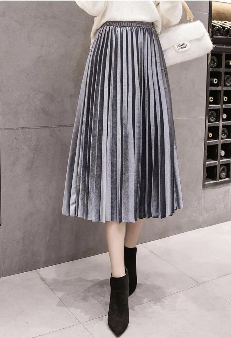 SILVER VELVET pleated skirt ankle length midi calf elastic | Etsy