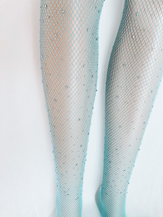 TURQUOISE Crystal Tights Rhinestone Showgirl Elsa Winter Ice Blue Green  Dyed Embellished Sexy Fishnet Fishnets Stockings 