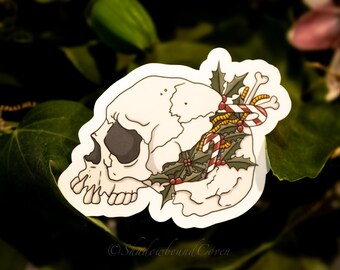 Adhesivo de vinilo impermeable con diseño de calavera de Dark Academia