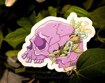 Adhesivo de vinilo impermeable con diseño de calavera de Dark Academia Pastel Holiday