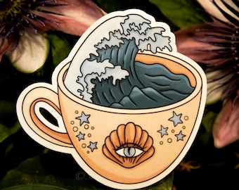Pegatina de vinilo resistente al agua con forma de ola de mar para taza de té